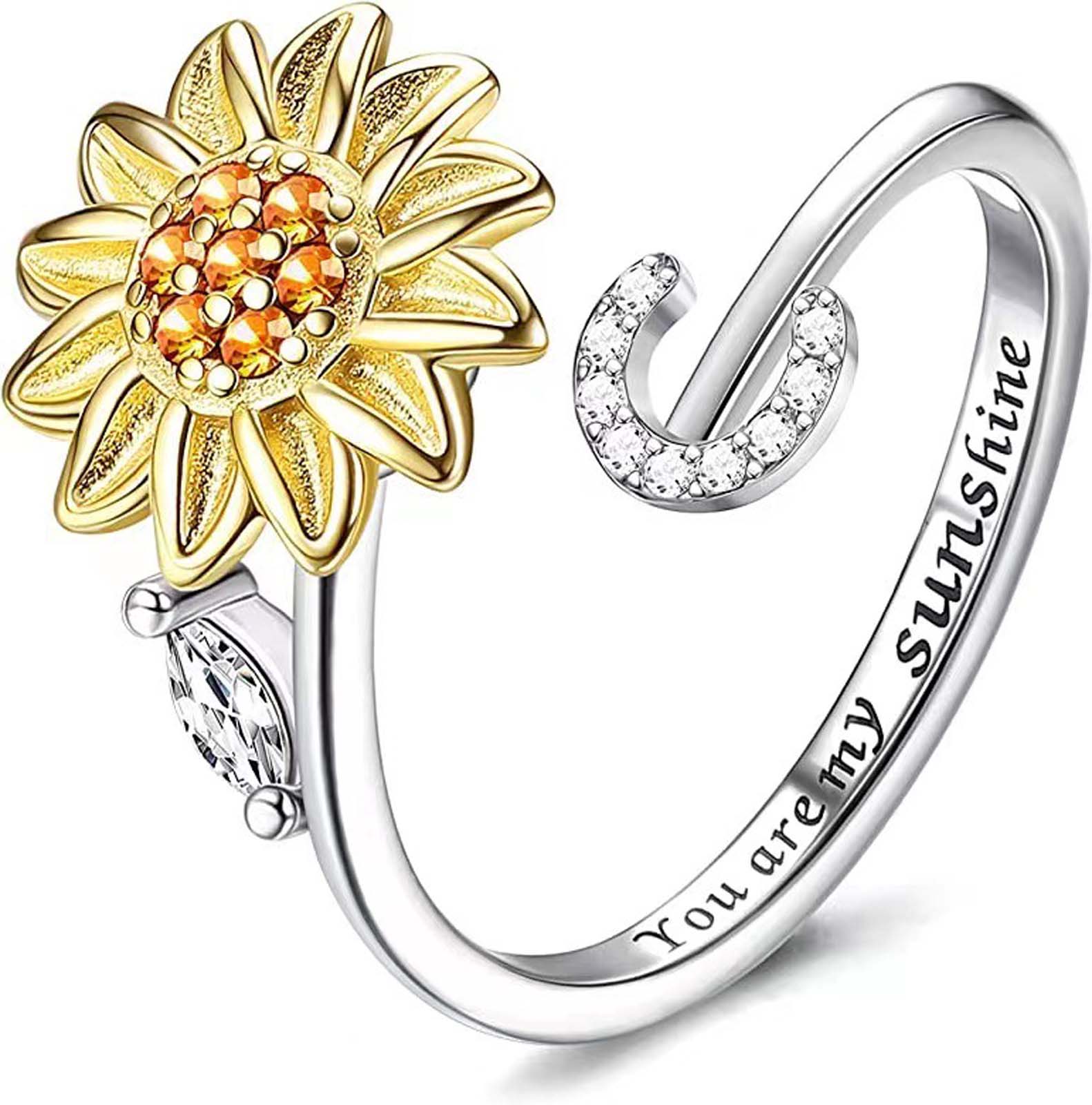 "You Are My Sunshine" Floral Artificial Gemstone Spinner Ring - Customized with 26-Letter A-Z Initial Letter Set, Spinner Mechanism, Flowers, Unisex Daily Wear Jewelry Gift for Women & Adults