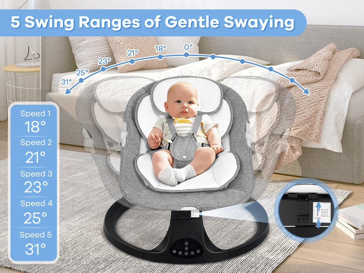 Baby electric rocking chair, electric baby swing, 5 speeds, 10 melodies, Adapter and screw battery ,  Suitable for indoor use,New generation grey remote control, comfortable and relaxing atmosphere，Portable Swing for Baby Boy Girl