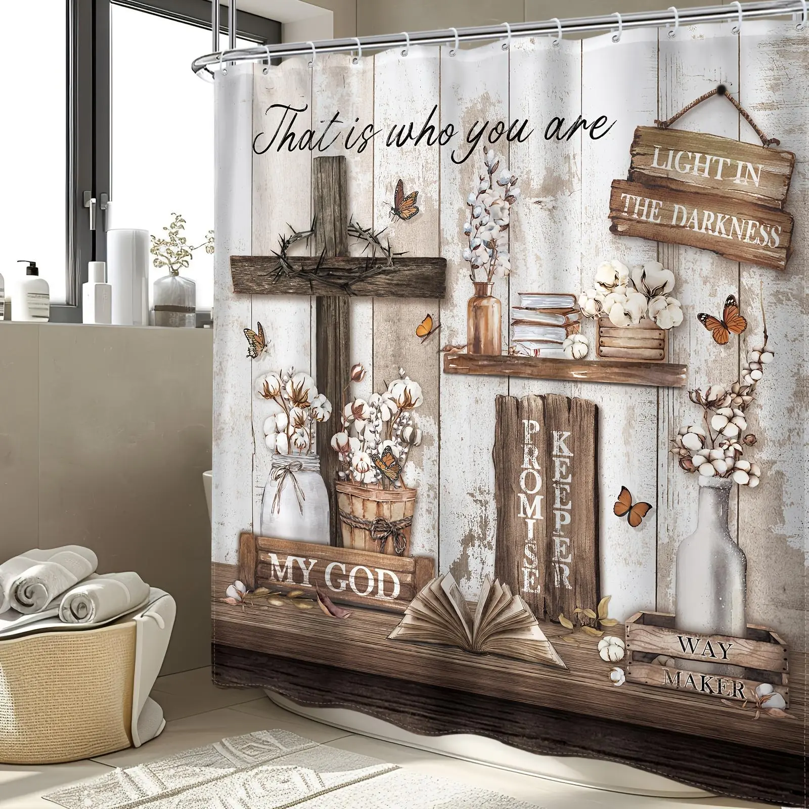 Polyester Shower Curtain with Hooks, Country Farmhouse Decor Featuring Bible Verses, Crosses, Butterflies, Botanical Plants and Inspirational Quotes, Rustic Shower Curtain, Hooks Included