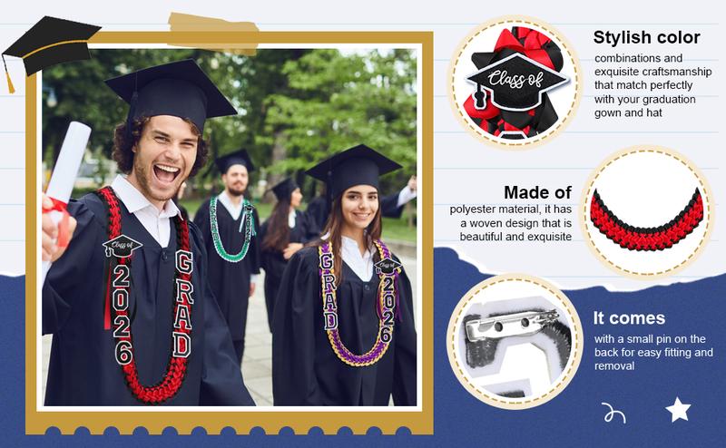 Graduation Leis Class of 2026 1 Pcs Grad Ribbon Double Braided Necklace with Graduation Cap 2026 GRAD Patches Handmade Leis Grad Gifts for Graduates Senior College Students Daughter Son Friends Couples for Graduation Ceremony Party Celebration