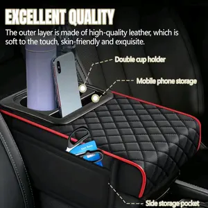 5 in 1 Car Center Console Cover, Armrest Pad with 2 Storage Pockets, Cup Holder, Tissue Box Slot, Phone Holder, Universal Car Interior Organizer (Black with Red Stitching)