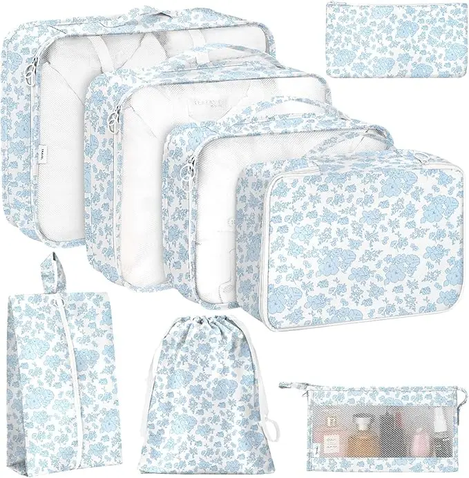 8-Piece Blue Flower Travel Pouches Set - Water-Resistant Ultra-Light Oxford Fabric Organizers with 3 Different Sizes, Double Zipper, Neat Stitching Adds Strength, Ultra-Light for Easy Carry, Ideal for Suitcase Makeup Organization, International Travel, Pa