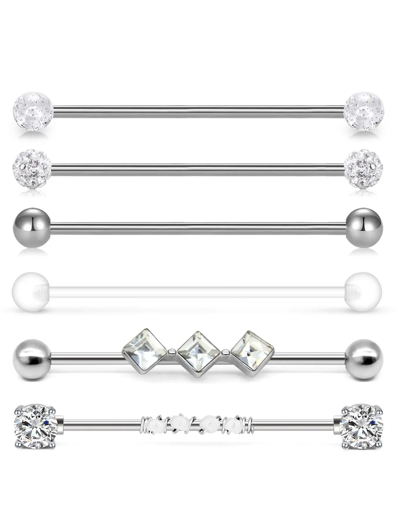 Fashion Artificial Zircon Decorated Earrings (6pcs), Stainless Steel Earring for Women & Girls, Party Fashion Piercing Industrial Bar Earrings for Party, Daily Clothing Decor, Stylish Jewelry, Sparkling Zircon Inlay, Piercings Jewelry, Body Jewelry