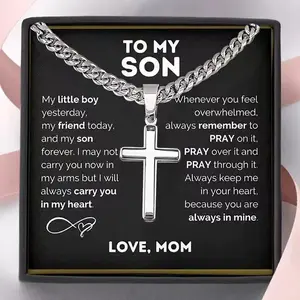 To My Son Cross Necklace from Mom Stainless Steel Cuban Link Chain with Engraved Pendant 49cm Perfect Birthday Graduation Gift for Him jesus christ crucifix