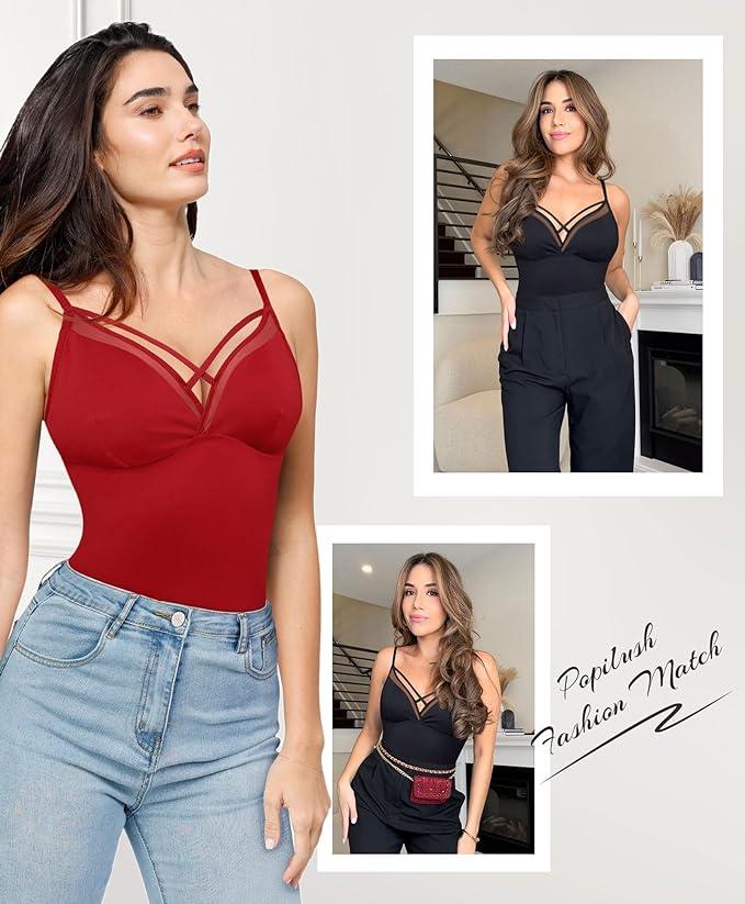 Popilush Sheer Mesh Cut-Out Sleeveless Shapewear Bodysuit Minimalist Spaghetti Strap