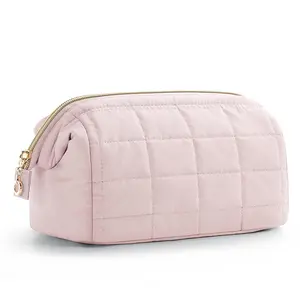 Aesthetic Quilted Makeup Bag for Women, Beige, Puffy Padded Cute Makeup Bag Cute, Cosmetic Pouch, Quilted Pouch