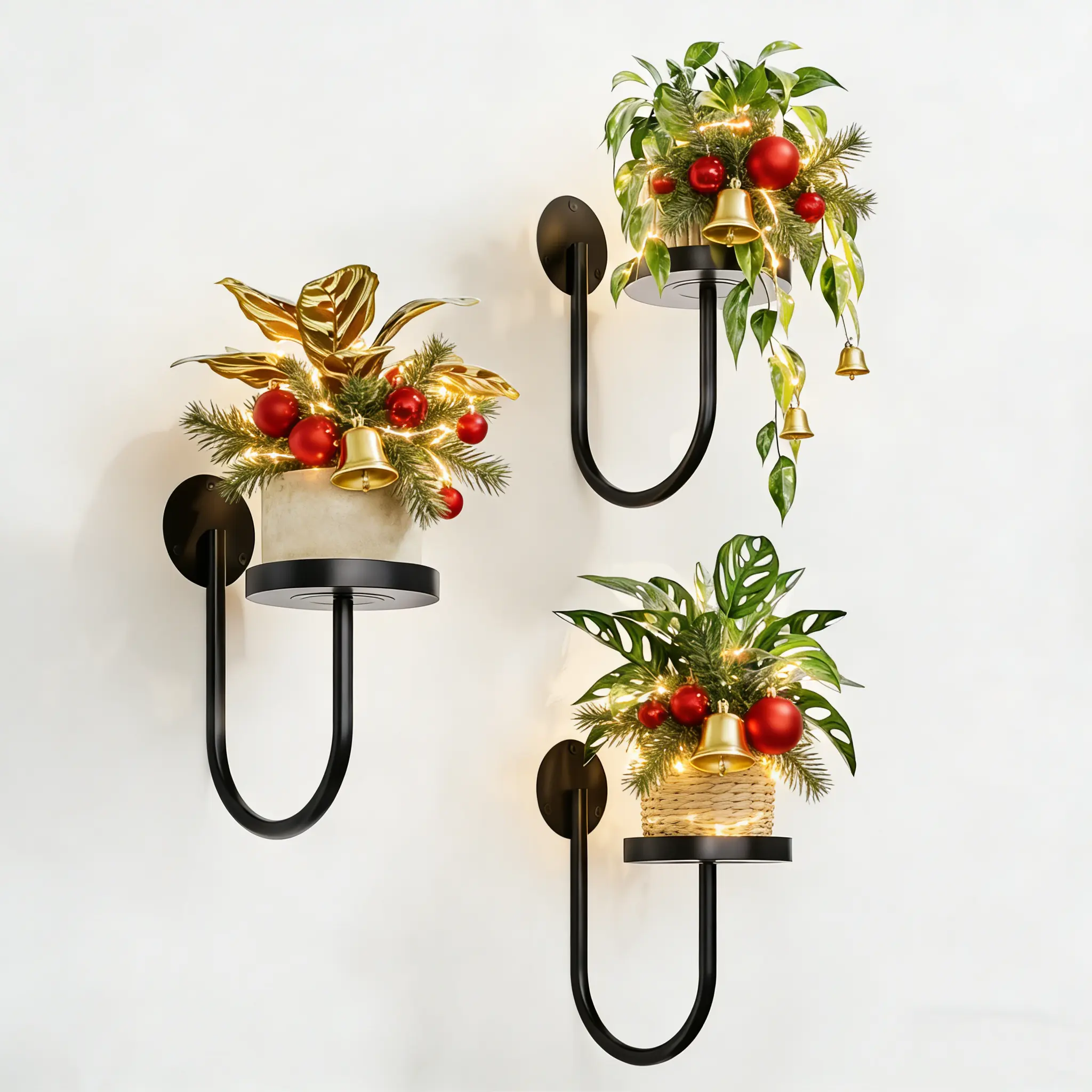 Bamworld 3-Pack Wall-Mount Pot Plant Stand, Modern Minimalist Compact Space-Saver Shelves with Easy Wall Setup, Black Indoor Plant Hanger for Home & Window Decor