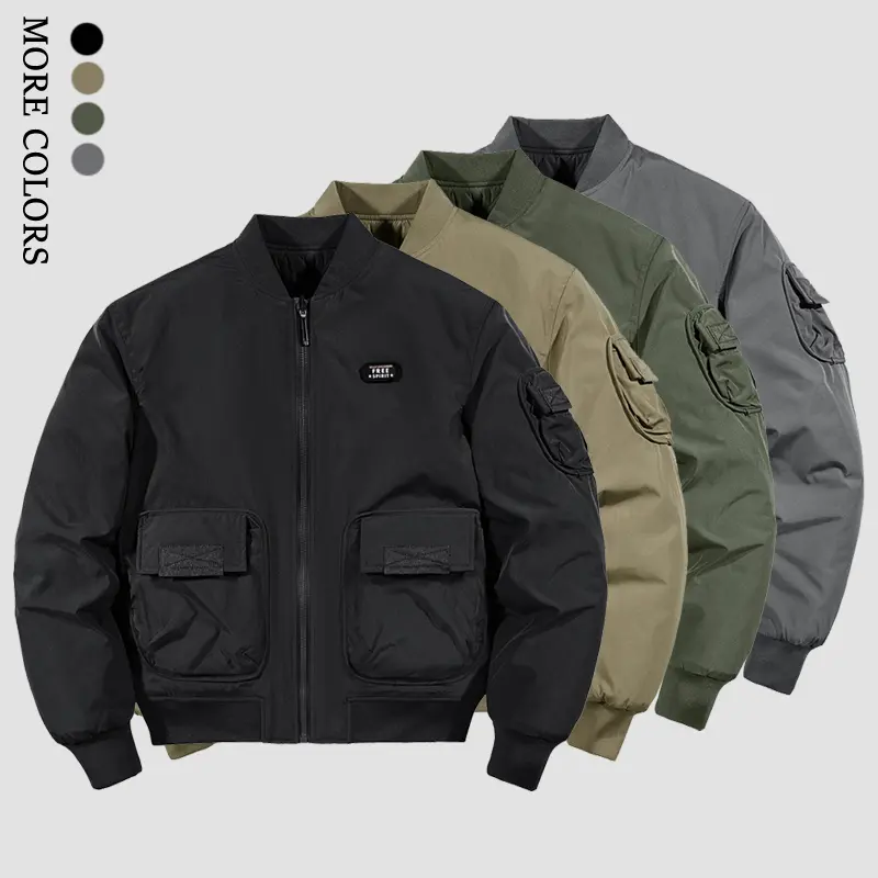 Men's Spring & Fall Stand Collar Workwear Flight Jacket – Windproof & Water-Resistant Coat with Interchangeable Hook-and-Loop Closure, Ribbed Cuffs, & Zipper Front; Perfect for Outdoor Activities, Jogging, Fishing, Gym Workouts, or Casual Wear; A Versatil