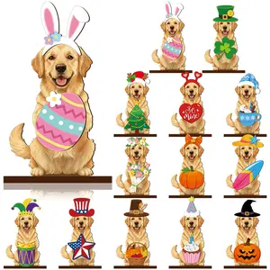 Cute Animals Sign Gift Cat Wooden Sign Desk Decor Golden Retriever Cat Labrador Dachshund Highland Cow Interchangeable Ornaments with Magnet Detachable Hats for Summer Holiday Seasonal Birthday Party, Gift for Pet Owning Families and Animal Lovers