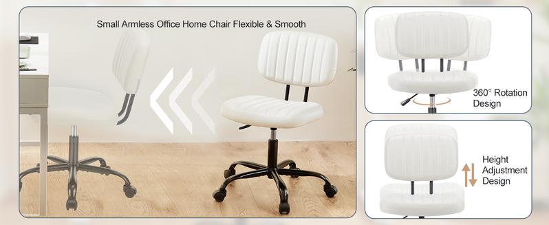 Armless Desk Home Office Low Back Vanity Lumbar Support, Adjustable Height 360° Rolling Swivel Computer Task Chair Without Arm for Small Space
