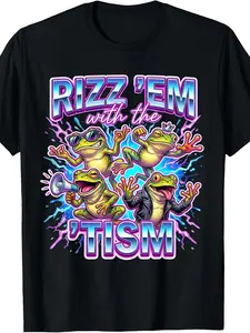 Funny Frog Autism Rizz Em with The Tism T-Shirt Comfortable Boys'and Girls' Cotton T-Shirts for Everyday Spring or Summer Wear Size 120-160
