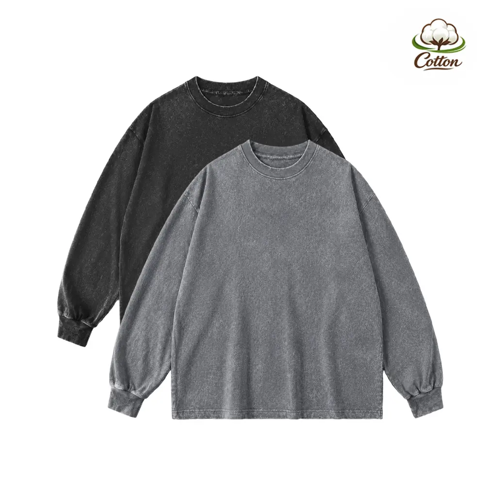 Men’s 1–2 piece pack: acid-wash distressed cotton long-sleeve sweatshirt/sweatshirt top, athletic sweatshirt, crew-neck long-sleeve T-shirt