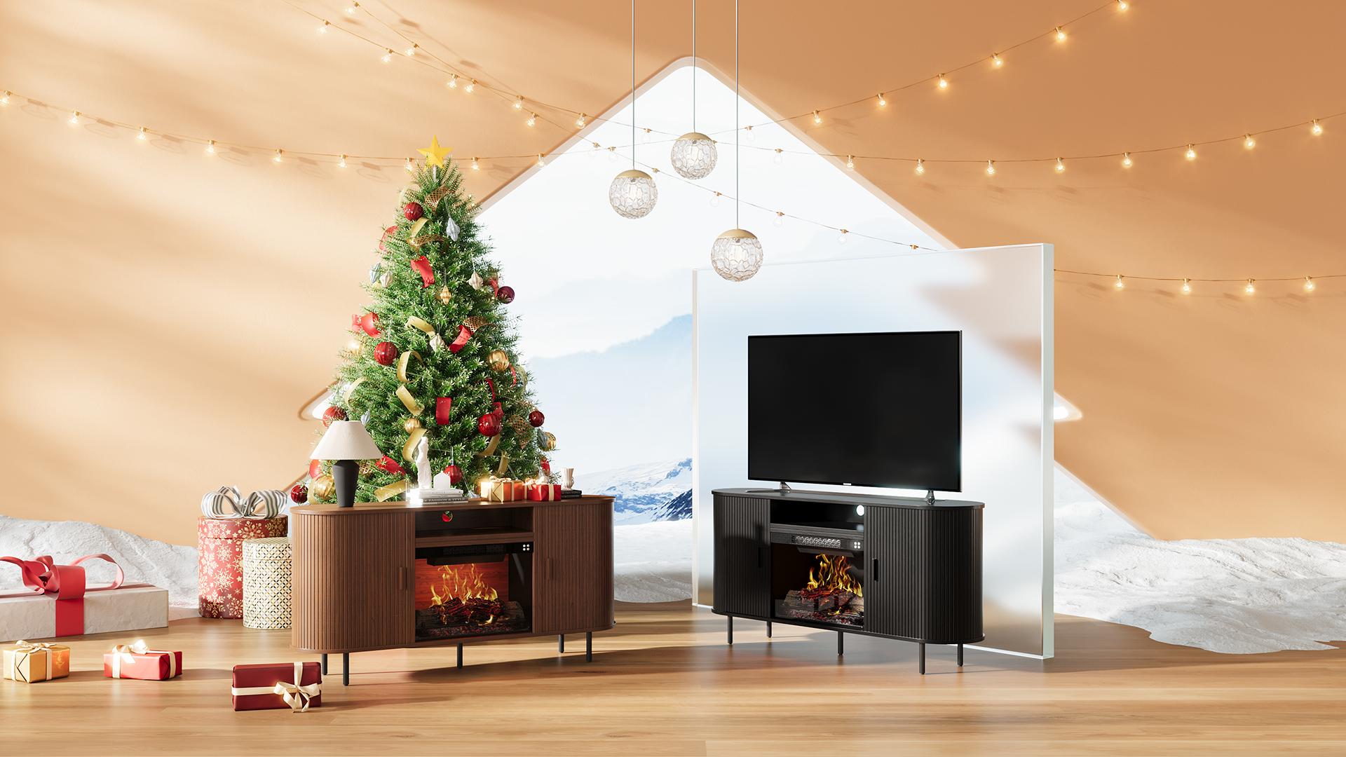【Include 23" Electric Fireplace】ONBRILL 63"/70" Gorgeous Fluted Fireplace TV Stand for TVs up to 70", Modern Entertainment Center with Power Outlet , TV Media Console with Storage for Living Room, Bedroom Furniture,Christmas Gift
