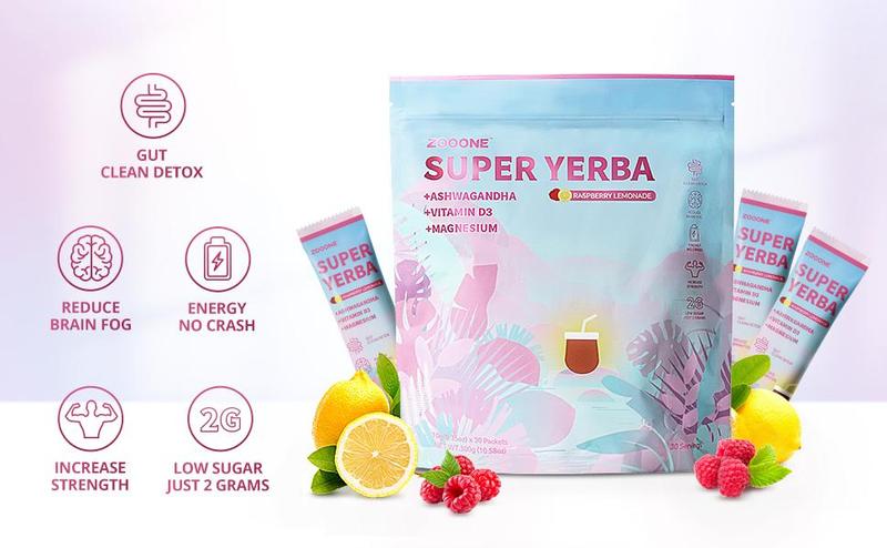 ZOOONE-Super Yerba | Yerba Mate Instant Drink Powder |  RASPBERRY LEMONADE Flavor | 30 Servings