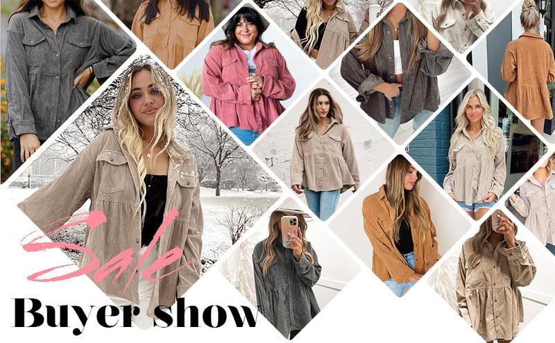 Imily Bela Womens Corduroy Shirts Casual Long Sleeve Button Down Blouses Tunic Babydoll Dress Loose Pocket Jacket Shackets