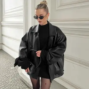 Winter vintage brown women's leather jacket, high-end loose fit, with suit collar, new leather jacket