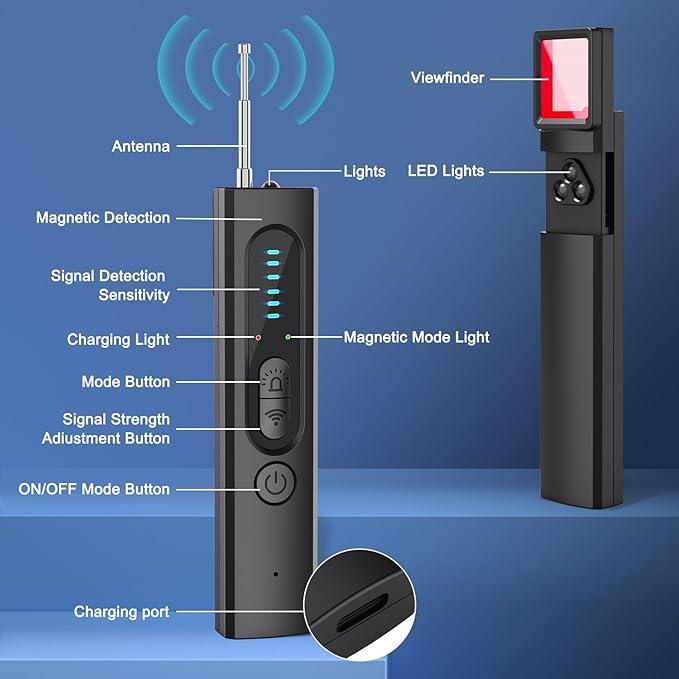 Hidden Camera Detectors, AI-Powered Spy Camera Detector, Car GPS Tracker detector, Bug Detector, RF Signal Detector, Listening Device Detector, 6 Levels Sensitivit, 4 Detection Modes, 30H Working Time for Travel, Car, Bathroom, Office, Hotel, Rental