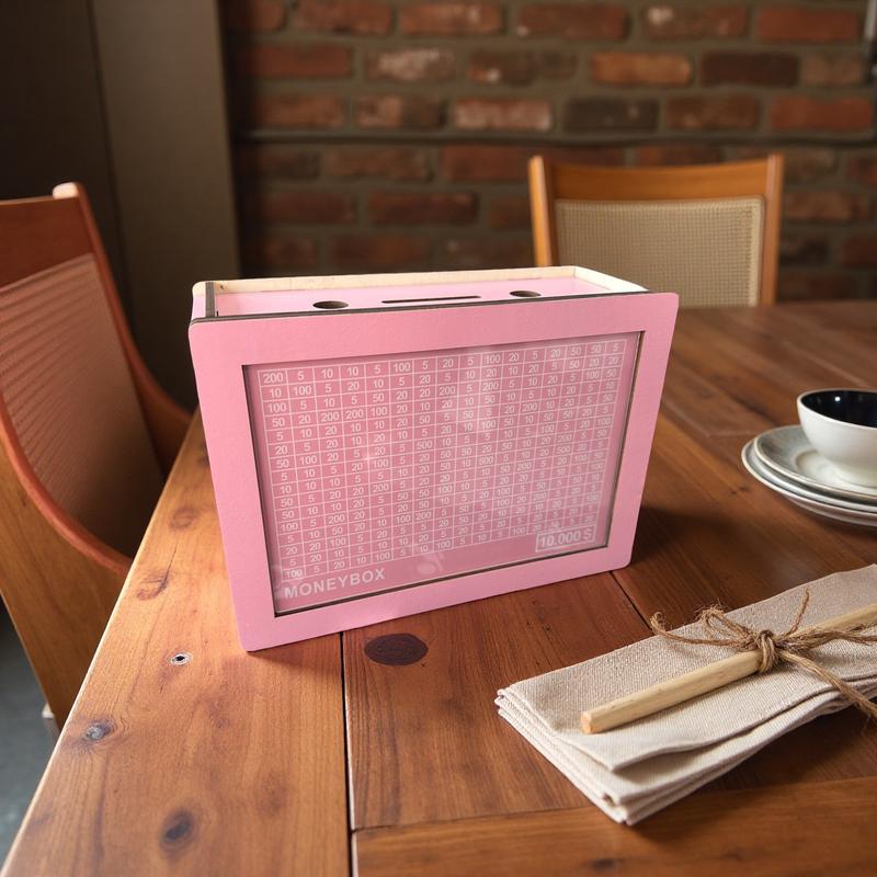 10000 Larger Size Savings Challenge Box for Adults Kids - Cash Vault Wooden Money Savings Box - Kakeibo Money Bank - Pink Wooden Cash Coin Piggy Bank with Counter and Dry Erase Pen