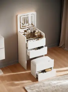 3-in-1 Vanity Desk with FLIP TOP LED MIRROR – Compact Makeup Vanity Set with Visible Glass Desktop & 3 Drawers | Small Dressing Table, Writing Desk & Beauty Station for Bedroom, Apartment & Small Spaces – White Modern Furniture， Includes Stool!