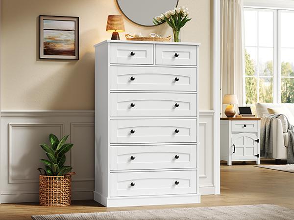 HOOBRO Modern Dresser with 7 Drawers, Tall Bedroom Storage Cabinet with 5 Large & 2 Small Drawers, Wooden Chest of Drawers, for Bedroom, Living Room, Entryway, White