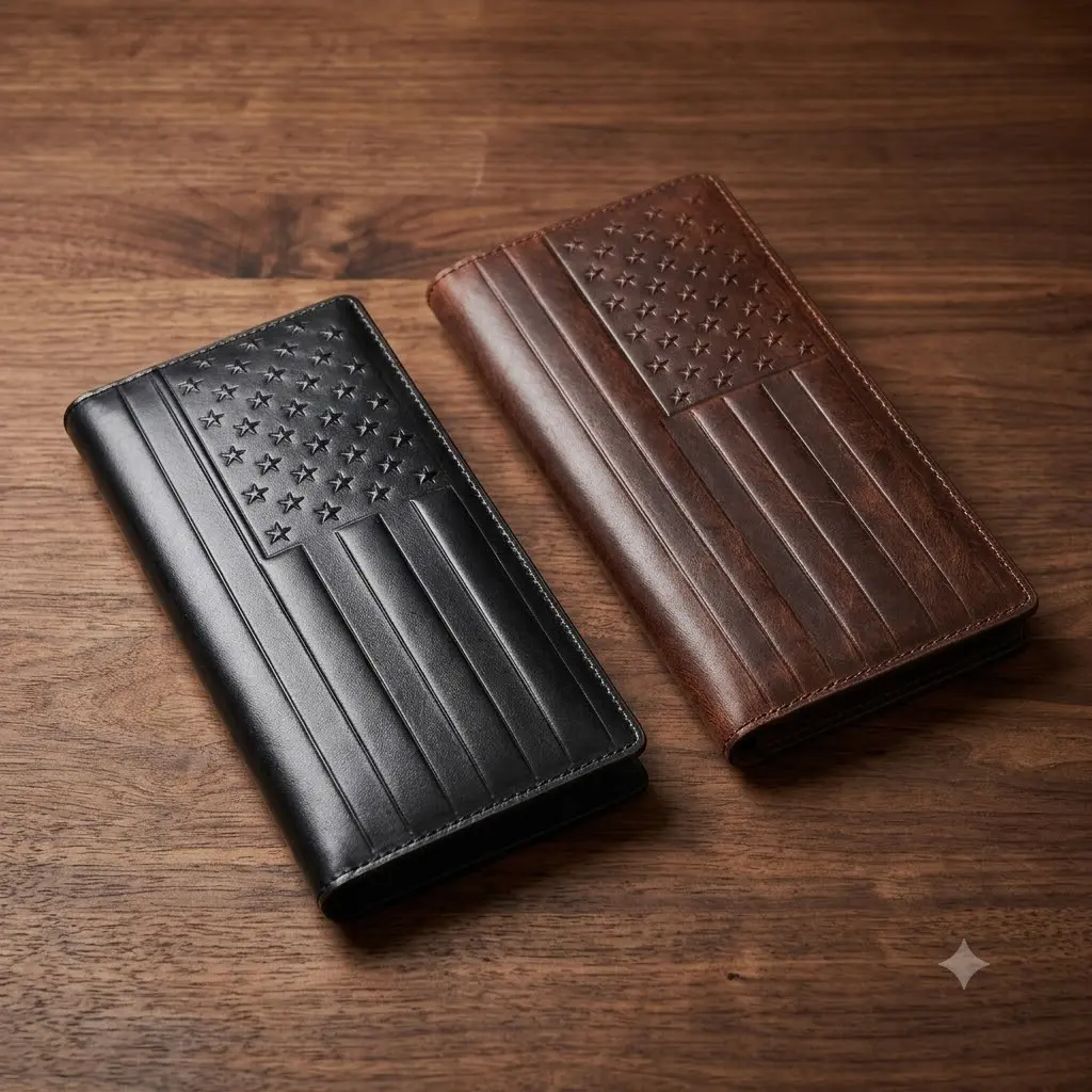 Leather Wallet for Men, Handmade Cowhide RFID Blocking Wallet, American Flag Long Wallet, Birthday Father's Day Christmas Gift for Men tooled