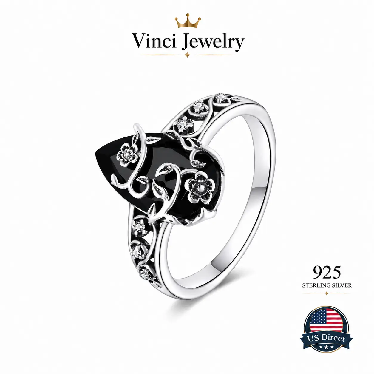 925 Sterling Silver Black Synthetic Obsidian Ring with Floral Pattern Design,  Elegant Vintage, Hollow-out Flower for Women, Mystery and Protection Spiritual Healing Jewelry for Girls for Daliy Wear