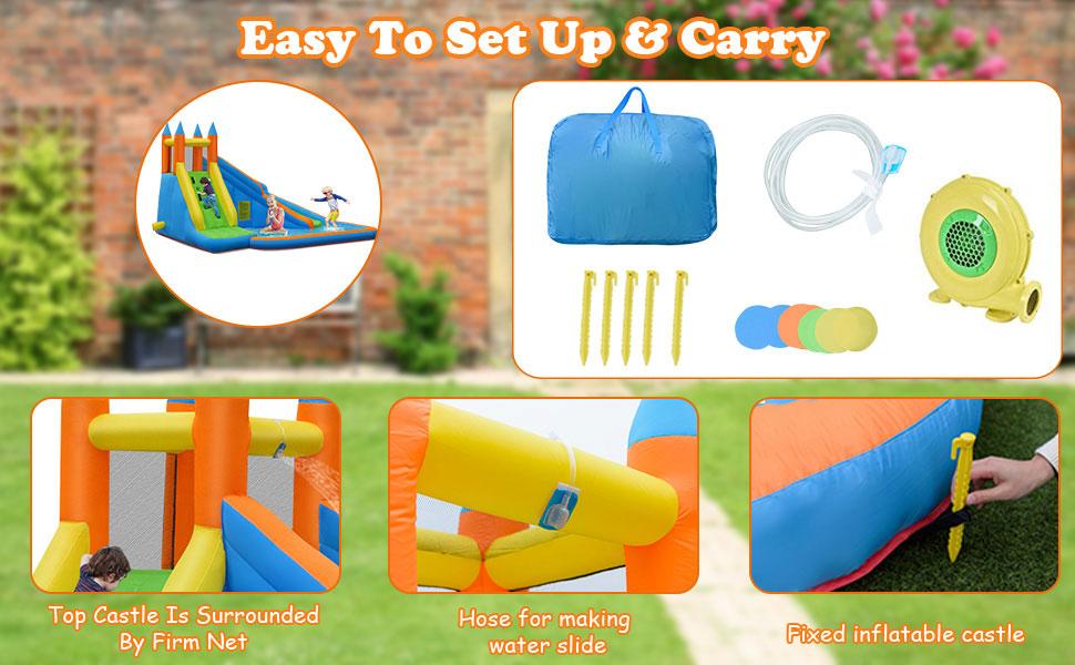 Costzon - Inflatable Water Slide With Air Blower, Inflatable Mighty Bounce House Jumper, Mega Water Park Bouncy Castle Combo for Kids Boys Girls Outdoor Backyard  Summer Gifts