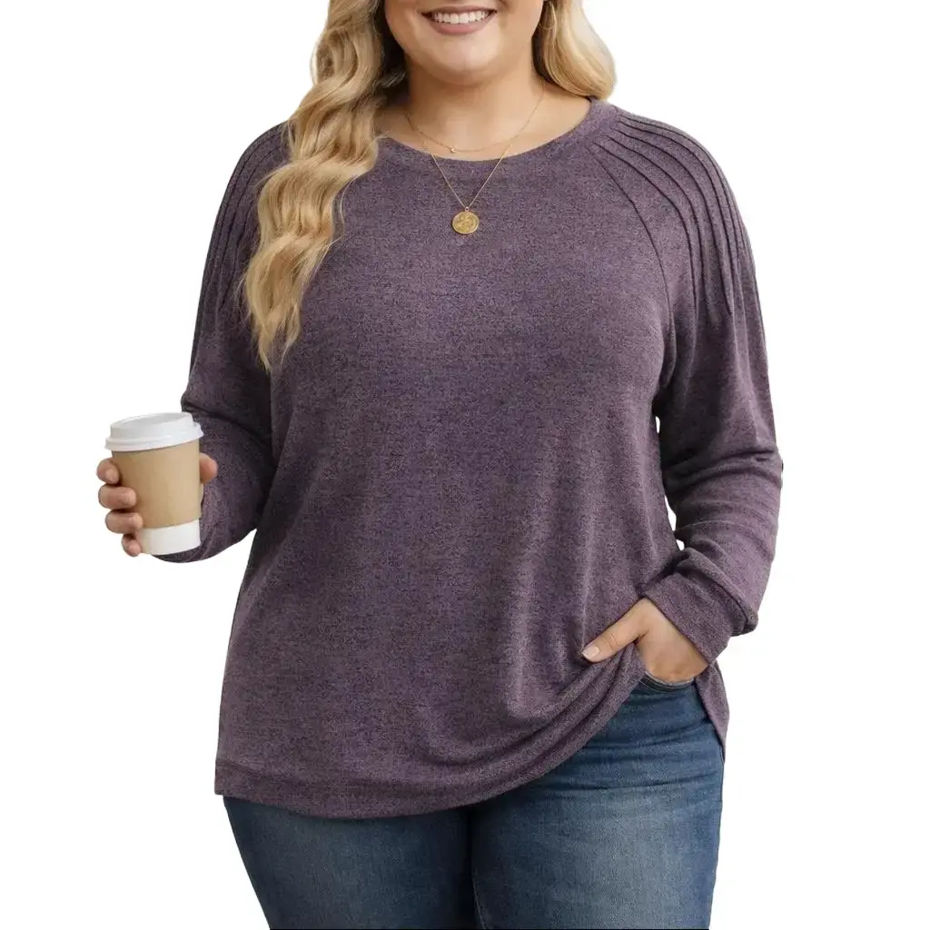 Lady's Plus Size Oversize Crewneck Pleated Long Sleeve Sweatshirts - Casual Loose Fit Tunic Tops for Work, Thanksgiving, Chinese New Year, Hip Leggings-Friendly Outwear, Style, Round Neck