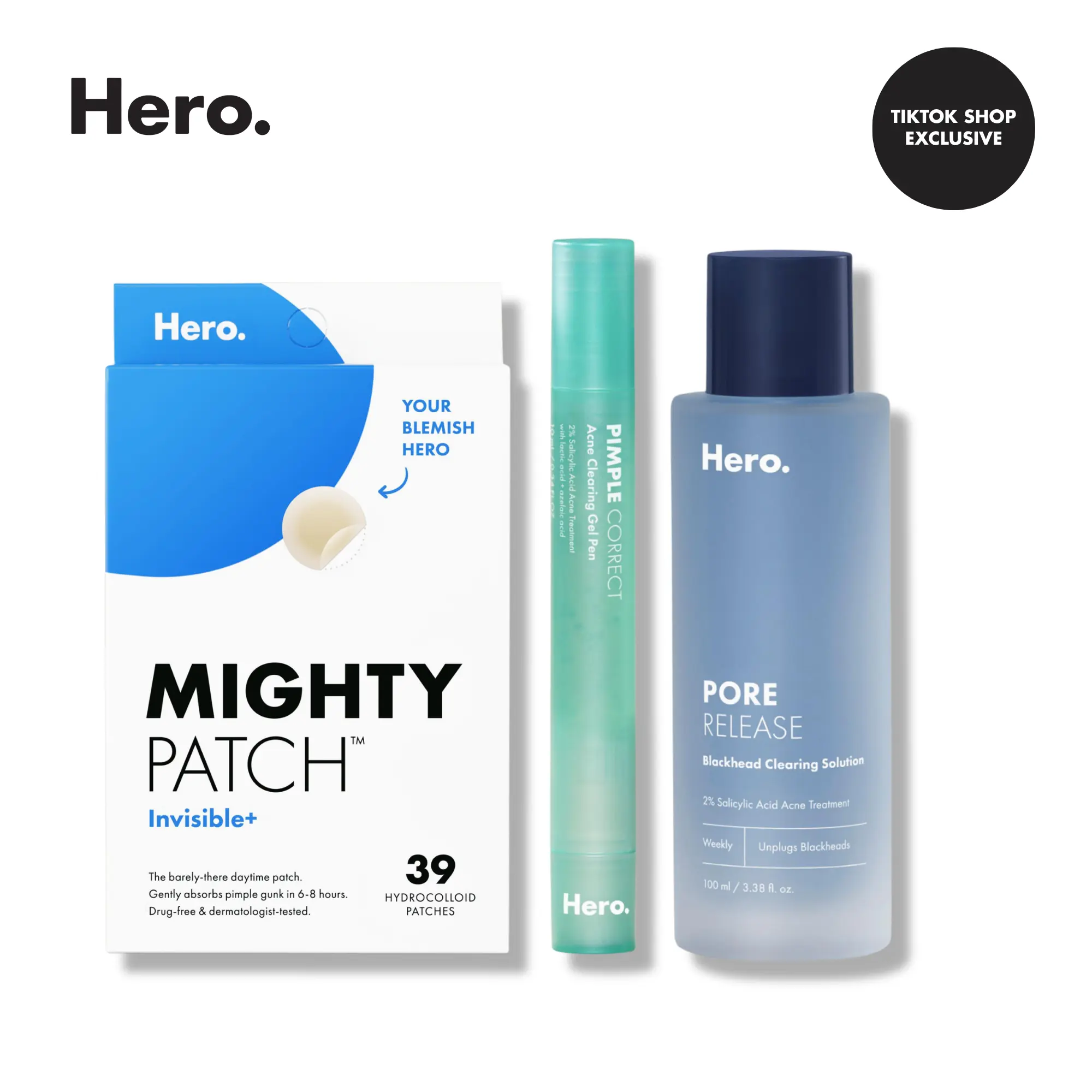 Hero Mighty Patch Invisible+, Pimple Correct Pen, Pore Release Bundle
