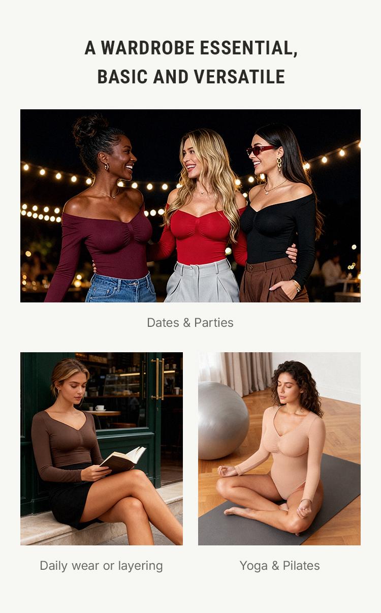 FeelinGirl #LS Stream Women's Long Sleeve Bodysuit for Tummy Control Seamless Body Suits Thong V Neck Going Out Tops Womenswear Springtok