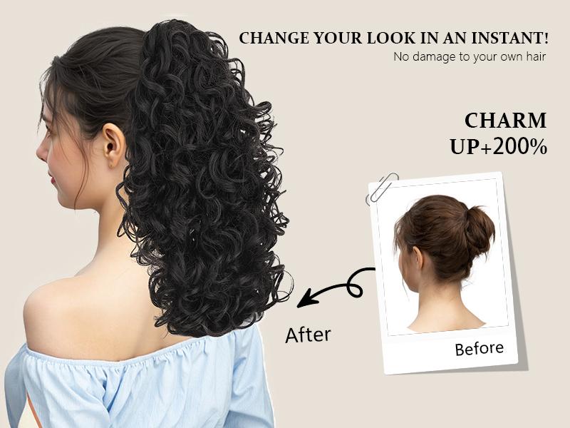 Kookastyle ponytail extension 18inch Claw Clip in Ponytail Extension Short Curly Wavy Ponytail Hair Extension Jaw Clip on Pony Tails Hairpiece for Women