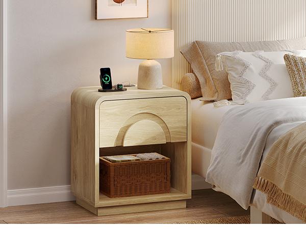 Bestier Nightstand with Charging Station, Modern LED End Table Bedside Table with Drawer for Bedroom & Living Room, Natual Oak