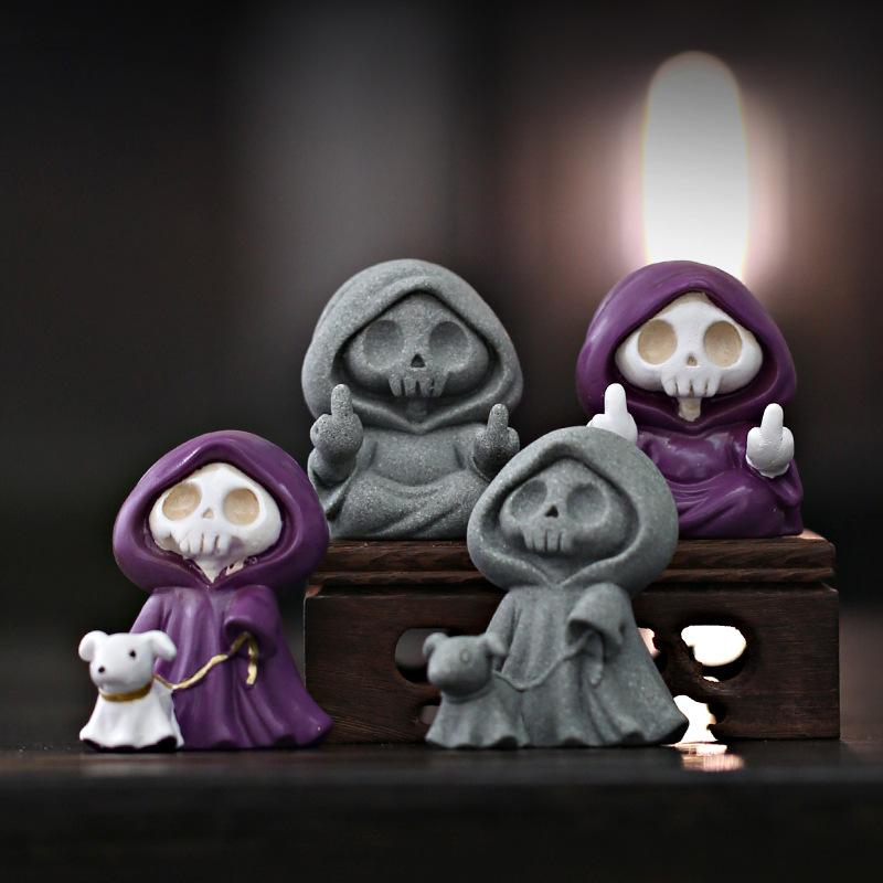 MUNBYN Grim Reaper Halloween Gift Figurine - Funny Middle Finger Design for Pranks & Decor - Durable Stone Ornament for Quirky Halloween Accessories
