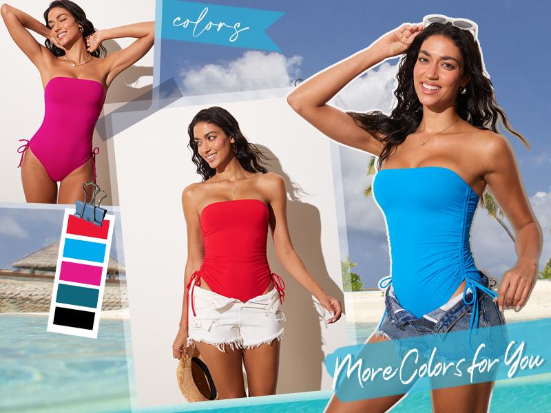 DOBREVA Women's One Piece Swimsuit Strapless Bandeau Bathing Suits Tummy Control Ruched Lined Slimming Halter Swimwear