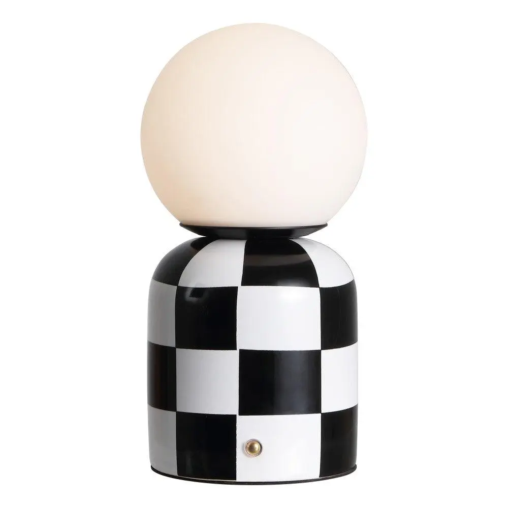 Zira 10 in Modern Checkerboard Pattern Ceramic Base Round Globe Frosted Shade LED Table Lamp - Rechargeable, Cordless, Portable, Integrated Dimmable with Touch Sensor