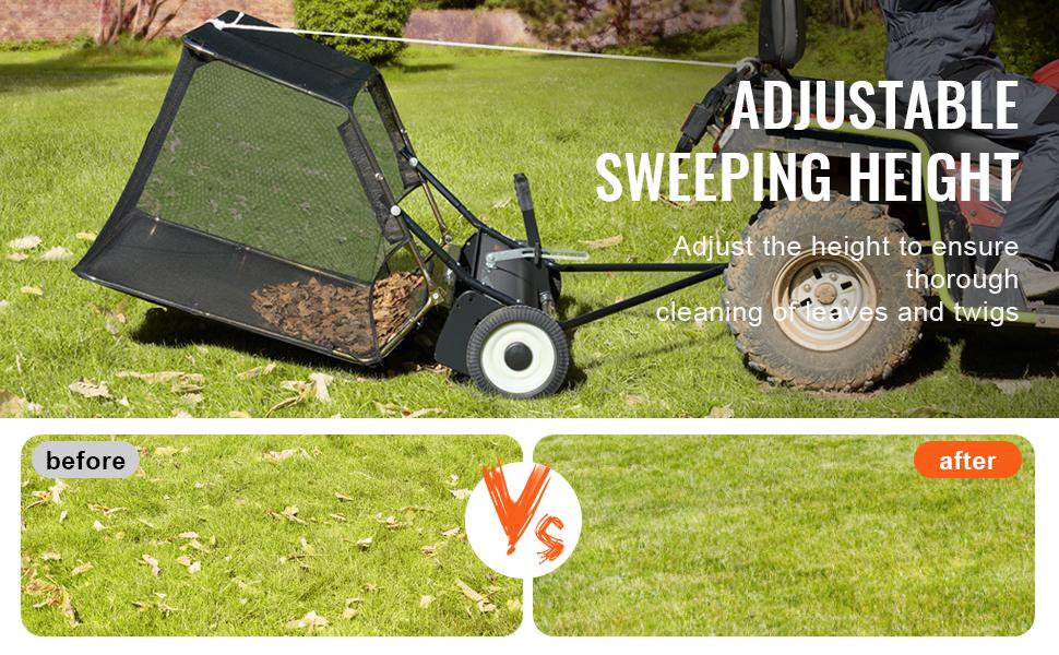 VEVOR Lawn Sweeper Tow Behind, Max. 52 Inch 26 cu.ft. Large Pull Behind Grass Sweeper, Heavy Duty Leaf & Grass Collector with Dumping Rope Design, Adjustable Sweeping Height for Picking Up Debris & Grass VEVOR Lawn Sweeper Tow Behind, Max. 52 Inch 26 cu.ft. Large Pull Behind Grass Sweeper, Heavy Duty Leaf & Grass Collector with Dumping Rope Design, Adjustable Sweeping Height for Picking Up Debris & Grass