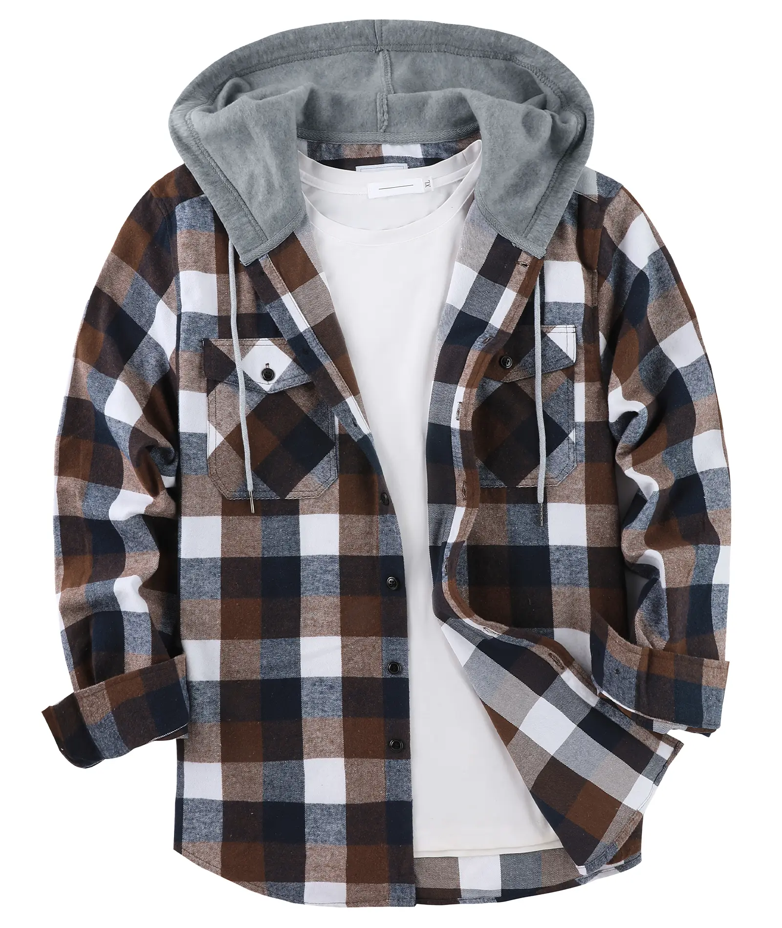 ZITY Menswear Flannel Plaid Print Button-Front Drawstring Hooded Jacket, Regular-Fit Casual Pocket Long-Sleeve Tops Sweatshirts for Spring & Fall
