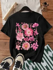 Pink Flower Print Loose Sporty Cute Elegant Stretch Home Casual Crewneck Short Sleeve Top: Cotton material, gentle pink flower print, breathable stretch, suitable for multiple scenarios;