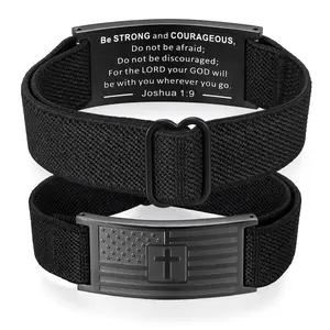 Patriotic American Flag Bracelets for Men Boys - Adjustable Black Military Elastic Stretch Strap with Inspirational Bible Verse - Veteran Gifts, Soldier Appreciation Jewelry