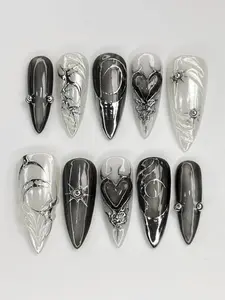 Black and Silver Chrome Gothic Nail Set with 3D Sacred Heart, Flame Details, Metallic French Tips and Sculpted Swirl Art on Long Stiletto Nails
