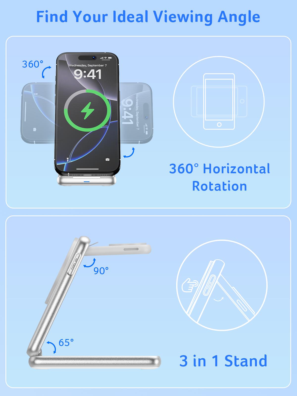 Acer 3 in 1 Wireless Charging Station, MagSafe Charger Stand Compatible, Qi2 15W Certified Palm-Sized Foldable Charger for iPhone 17/16, Apple Watch, AirPods (Non-Battery, Adapter Included)