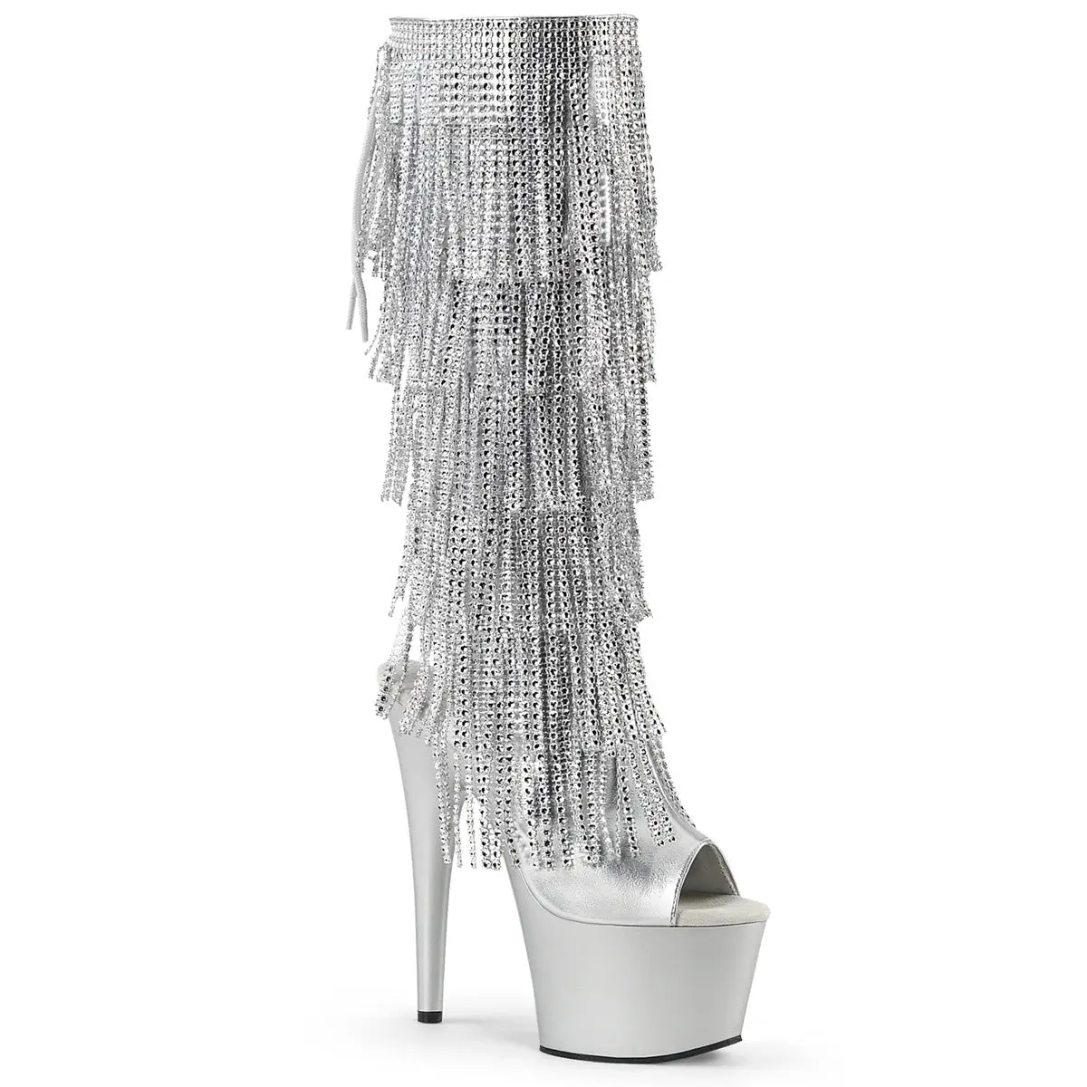 Pleaser Women's Adore-2024RSF Silver Statement Knee-High Boots with Rhinestone Fringe, Open Toe Lace-Up 7" Stiletto Heel & Platform, Statement Shoes, Footwear, Evening, All Seasons, Comfortable Heels, Rhinestones, Showstopper, Ankle, Zip, 2 3/4" (7Cm)