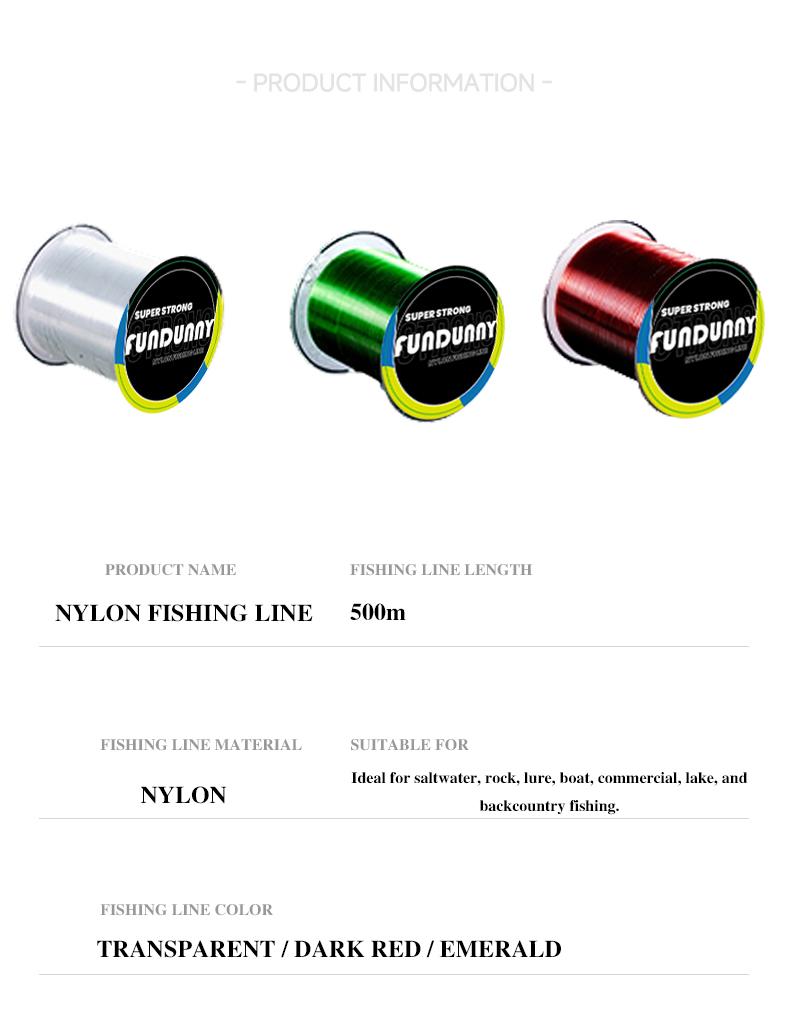 FUNDUNNY Professional Fishing Line 500m Red Size 4 - Original Nylon with Fluorocarbon Coating - Suitable for Various Saltwater and Freshwater Fishing Applications