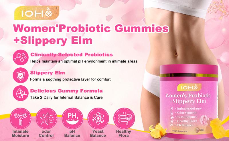 【Gold Plus】IOHO Her Juicy Feminine Probiotics-All in One Solution with Slippery Elm and Prebiotics& Probiotic Blend for Women's pH Balance and Dryness -Hawaiian Pineapple 60 Count-Women vitamins-feminine balance gummies Edible- gut health supplement