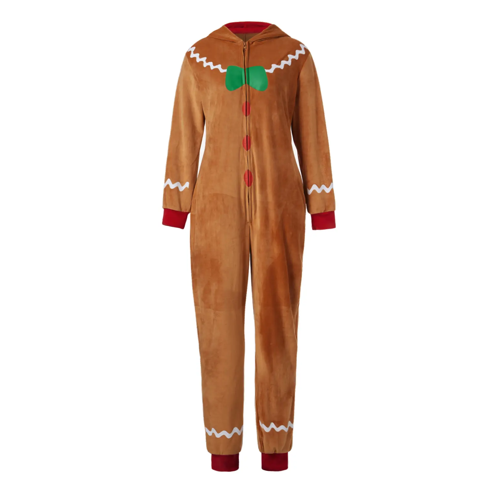 Gingerbread Man Costume, Adult Polyester Fancy Casual Clothes, Long-Sleeve Zipper Hooded Jumpsuit for Christmas Party Role-Playing Cosplay, Holiday Hood Look