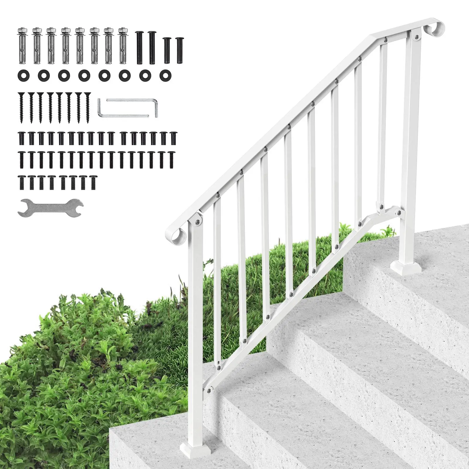 VEVOR Handrails for Outdoor Steps,  3-4 Step Stair Hand Rail Kit, Transitional Carbon Steel Railings with Installation Kit, Stair Rails for Seniors, Concrete Steps & Porch & Deck, White Retro Arch#BackToSchool