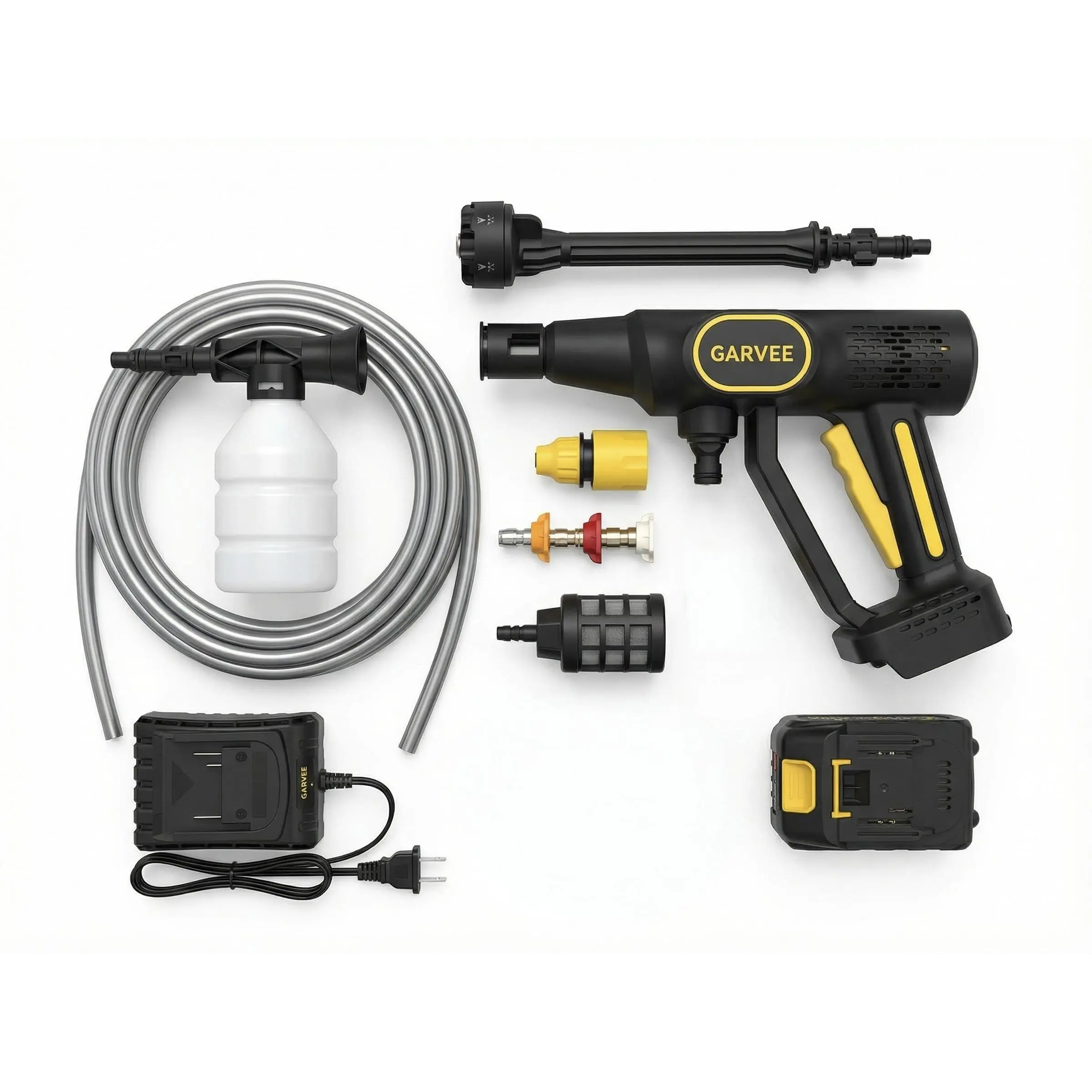 Gaomon Cordless Battery Powered Pressure Washer - 20V, 500 PSI, 2.0 GPM, 6-in-1 All-in-1 Nozzle, 26FT High-Elastic Hose, Charger, Universal Adapter, Car Wash Equipment for Vehicle Cleaning, Driveway Use, Handheld Pressure Washer