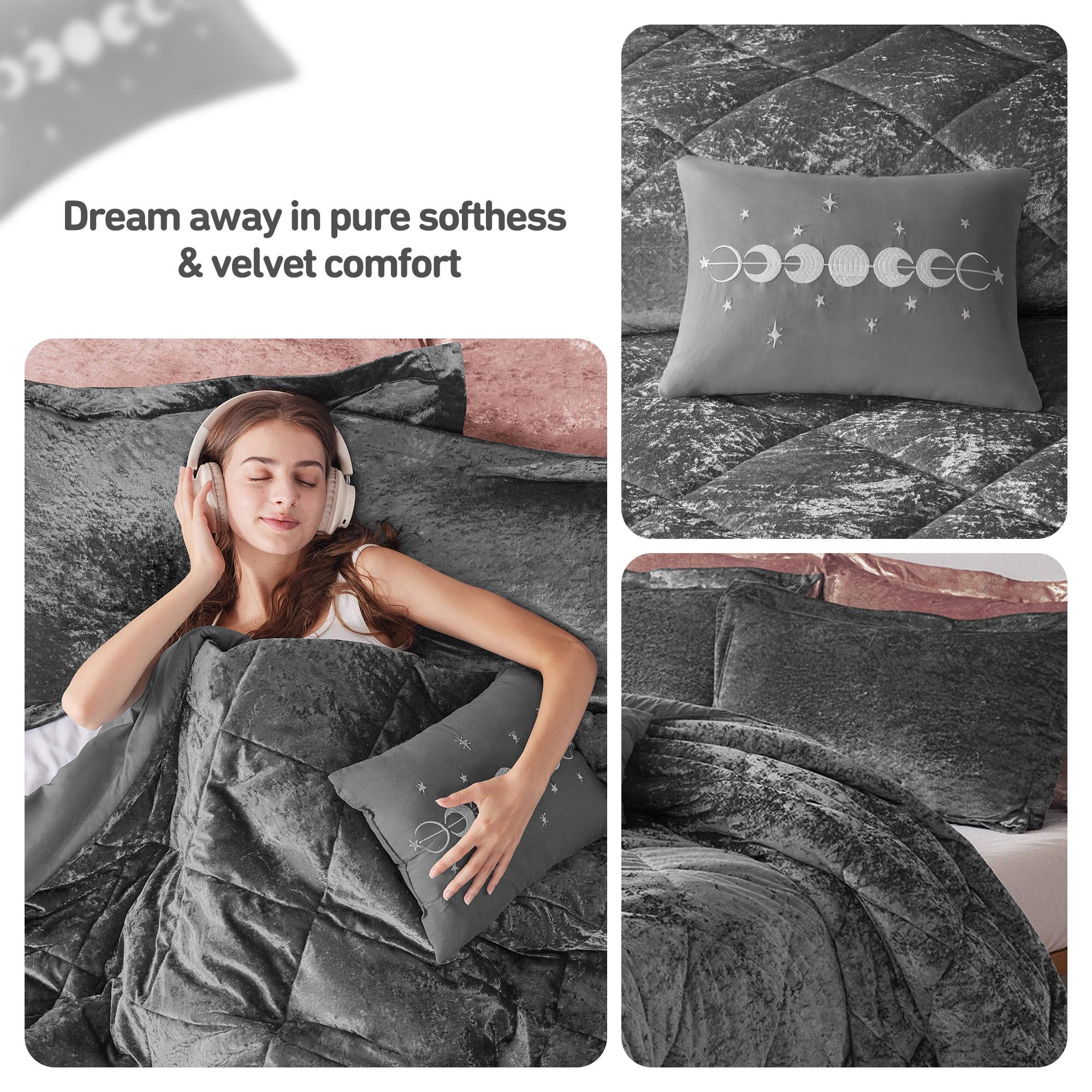 Luxe Comforter Velvet Lush Double Sided Diamond Quilting Modern All Seasons Bedding Set with Matching Shams & Decorative Pillow