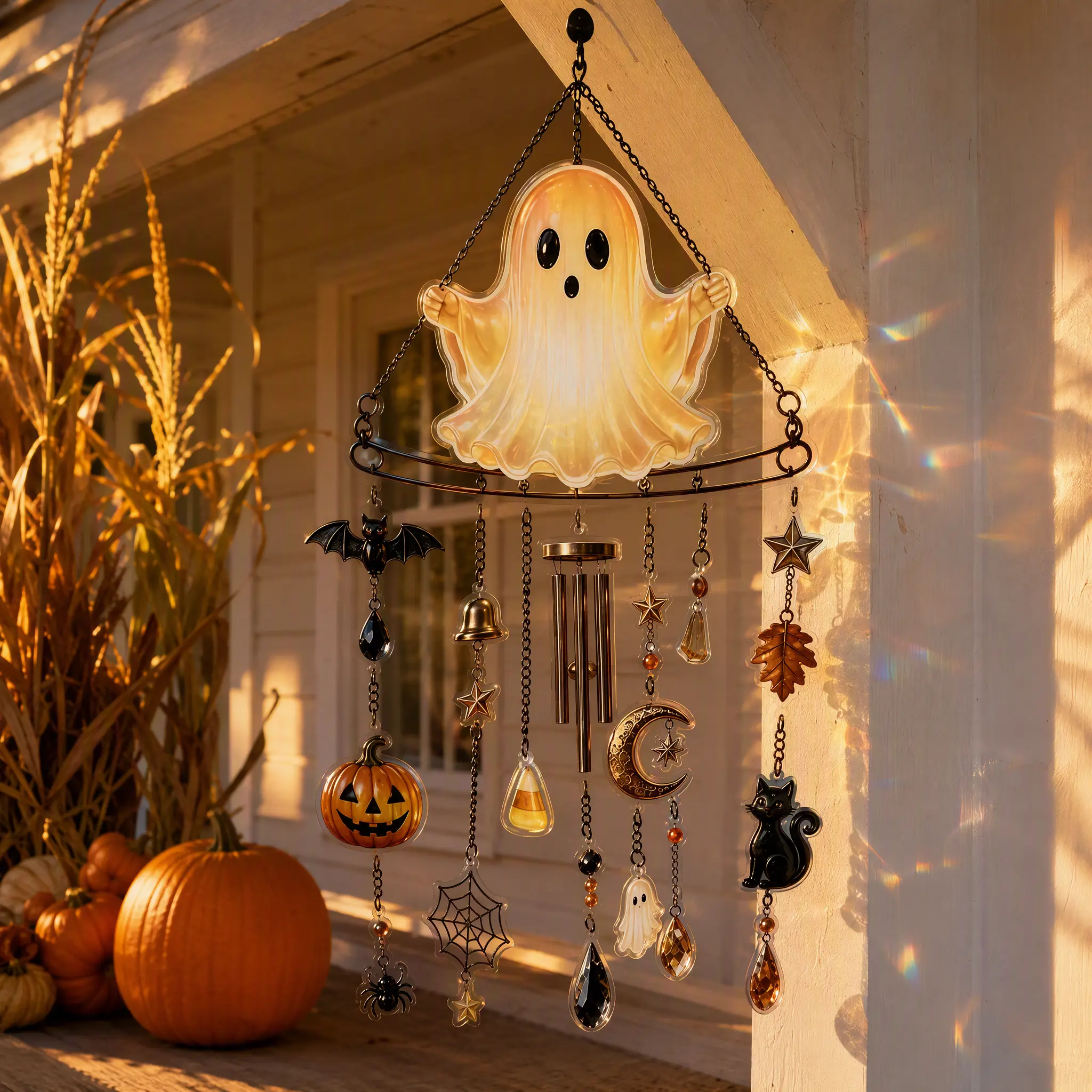 [SummerWins] Halloween glowing ghost wind chimes with pumpkin, bat, cat, and spider decorations, crystal pendants, stainless steel hooks, sliding switch, suitable for courtyard garden party decoration