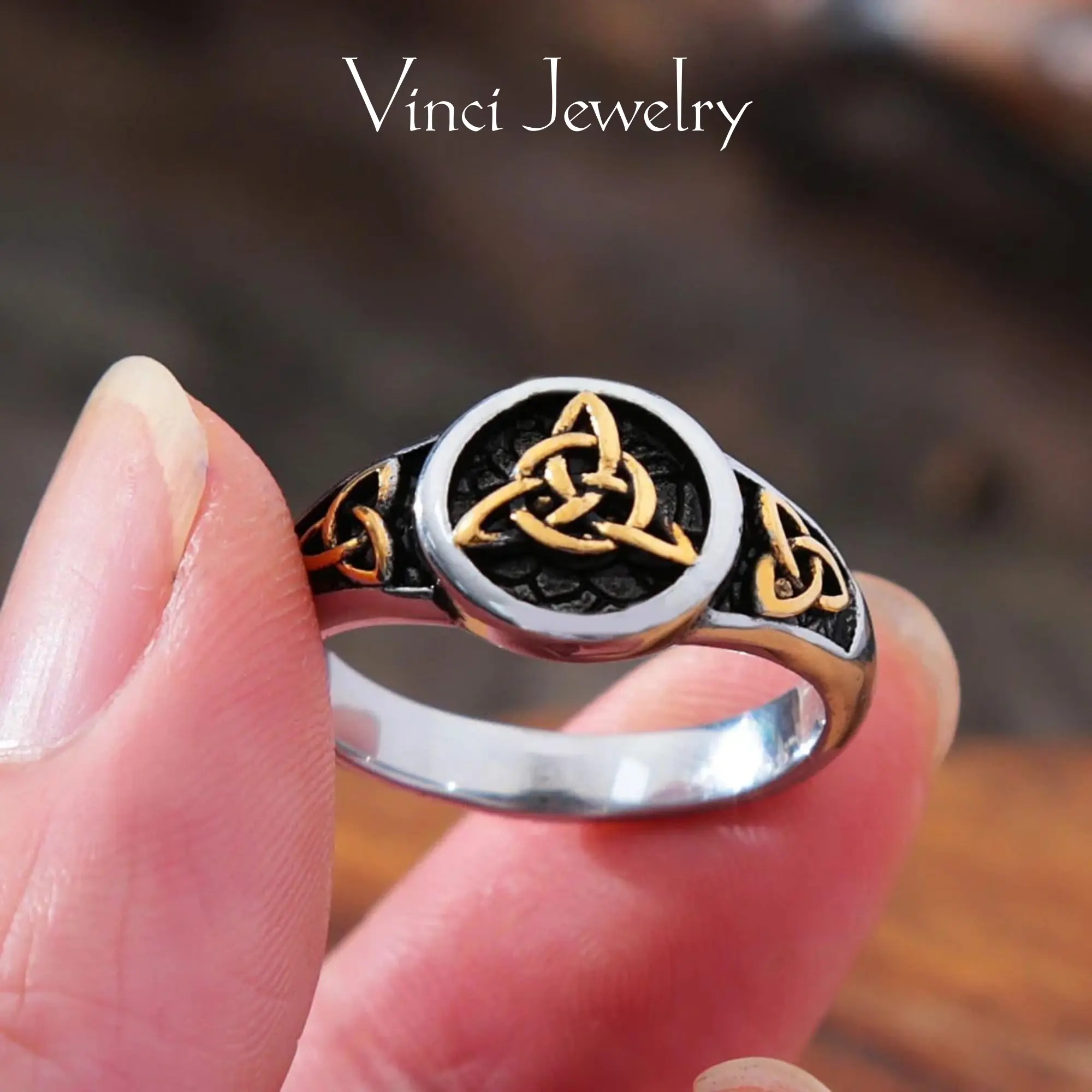 925 Sterling Silver 18K Gold Plated Vintage Celtic Knot Ring, Triquetra Trinity Knot Ring, Fashion Biker Amulet Jewelry,  Norse Mythology Odin Jewelry for Pangan for Unisex